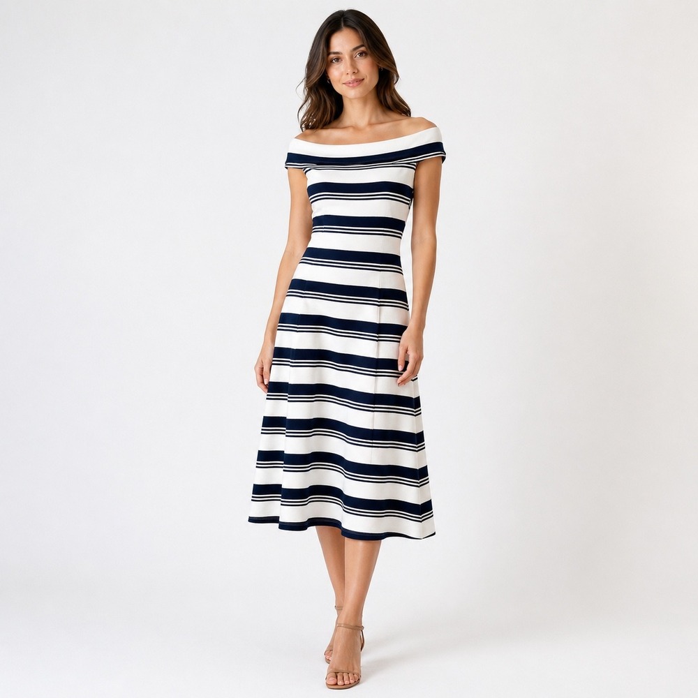 Derek Lam 10 Crosby Striped Off-the-Shoulder Midi Dress Midnight White NWT Small